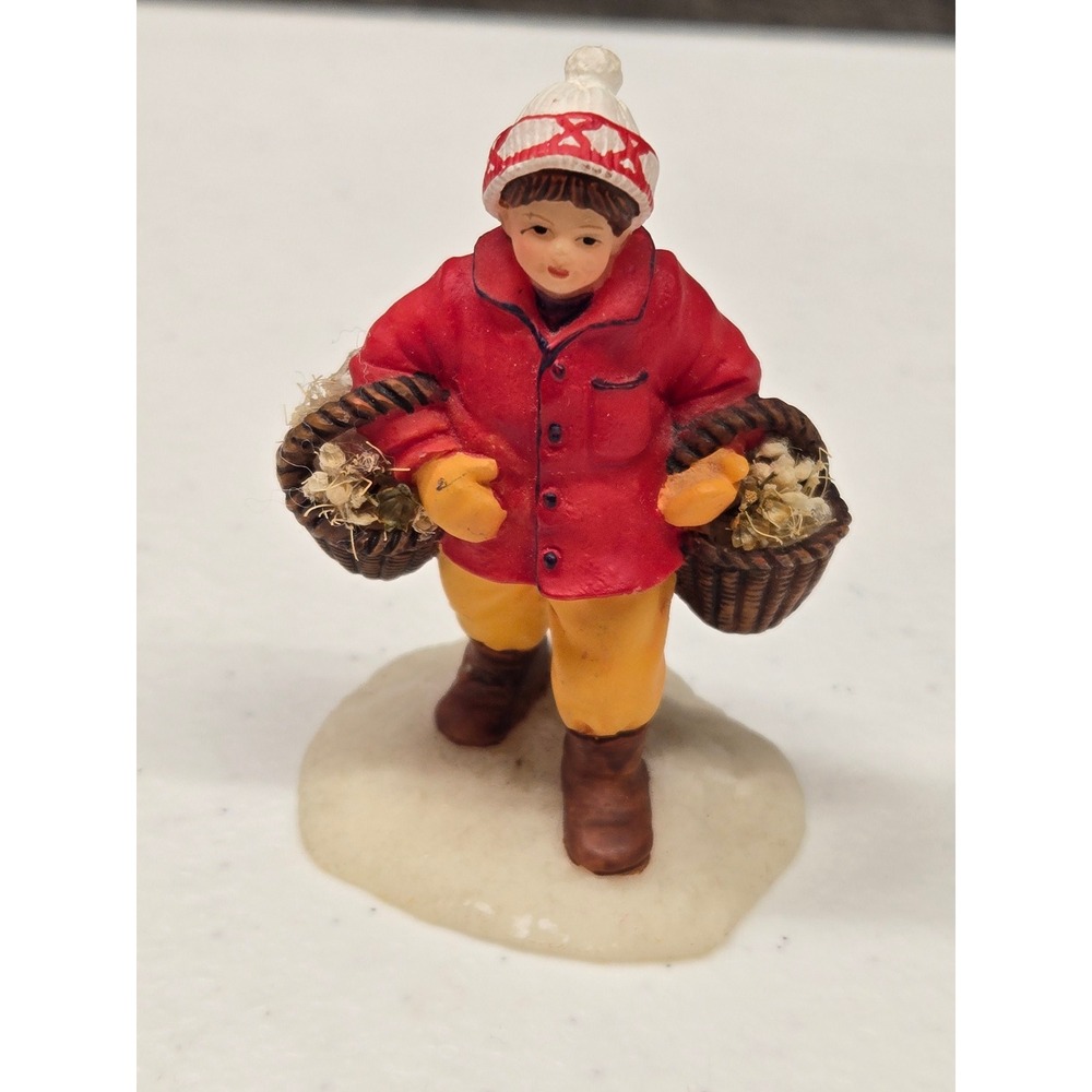 Dept‎ 56 Snow Village Boy Carrying Baskets Figurine Red Jacket Winter Decor